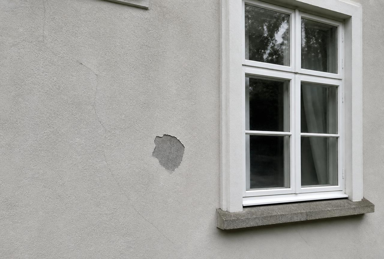 Ljusgrå putsfasad villa med fönster – hairline-sprickor och bomputs