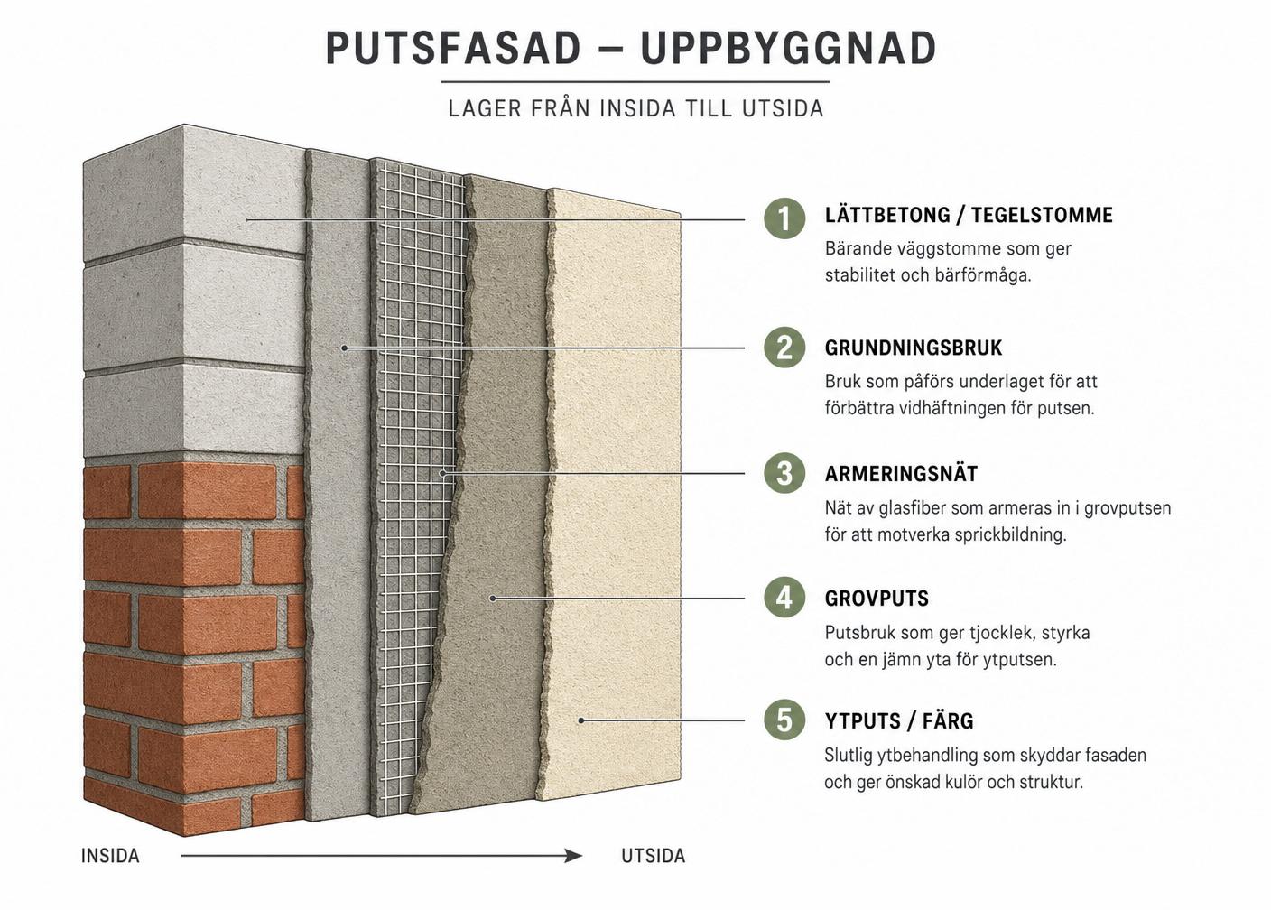 Diagram över putsfasadens uppbyggnad – stomme, grundningsbruk, armeringsnät, grovputs och ytputs